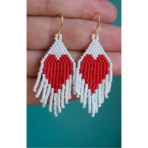 Heart beaded white and red earrings, handmade with miyuki seed beads, valentines